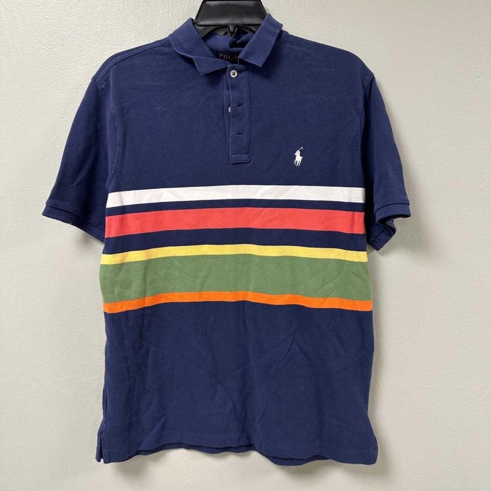 Polo Ralph Lauren Mens Medium Navy Blue Multi Color Striped Mesh Polo Shirt
